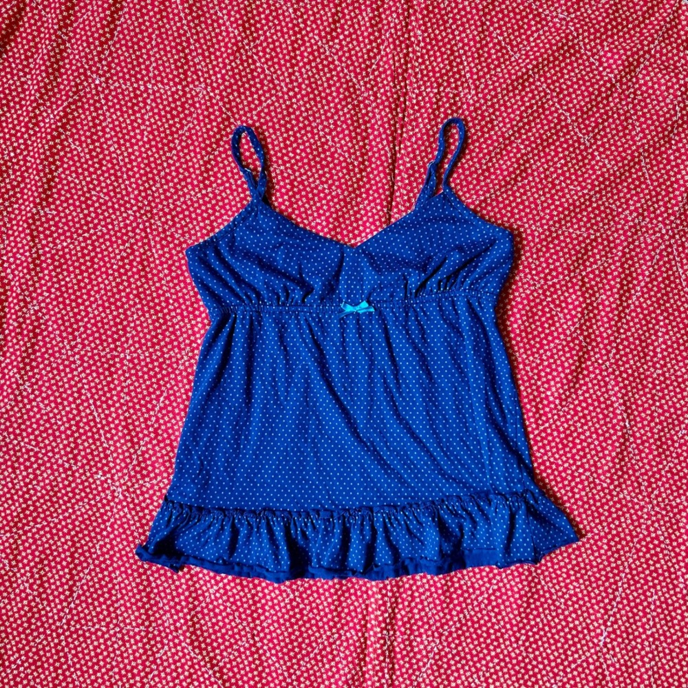 Xhilaration Blue Polka Dot Babydoll Camisole Top Ruffle Hem Bow Detail Size M